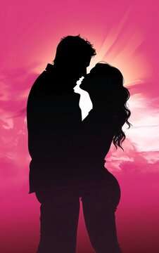 Black silhouette, hugging and kissing couple on pink background.