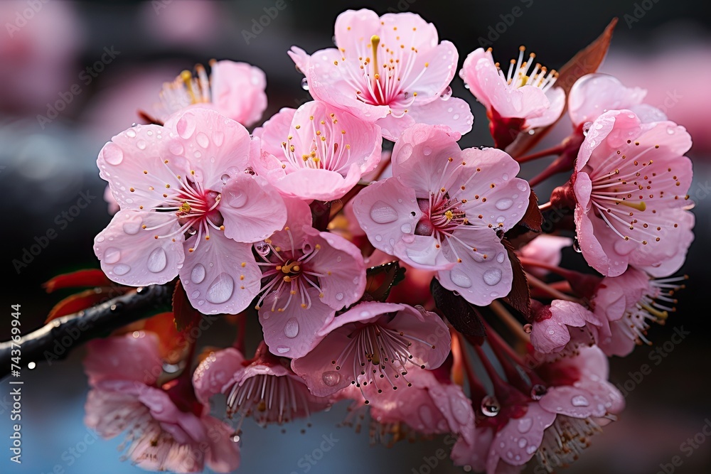 Poster a vibrant cluster of pink flowers adorned with shimmering droplets of water, creating a stunning and