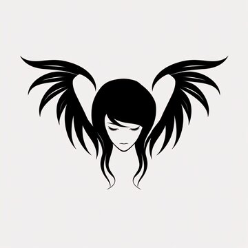 Black silhouette, tattoo of a woman's head with wings on white isolated background. Vector.