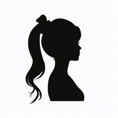 Black silhouette, tattoo of a girl with a ponytail on white background. Vector.