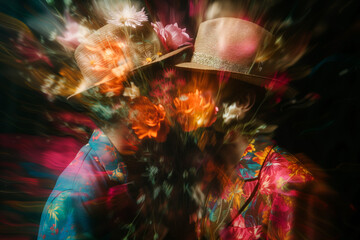 AI Generated Image. Abstract motion blur mixing of kissing men and colorful flowers