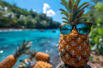 Pineapple Wearing Sunglasses Sitting on Rock - Powered by Adobe