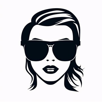 Black silhouette, tattoo of a head of a woman with glasses on white isolated background. Vector.