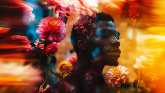 AI Generated Image. Thoughtful African American man surrounded by the blooming flowers