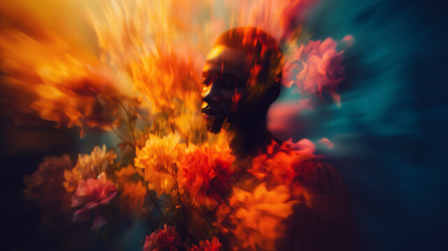 AI Generated Image. Trendy African American man surrounded by the blooming flowers