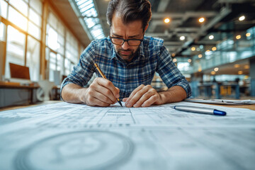 Architect analyzing blueprint in a bright office