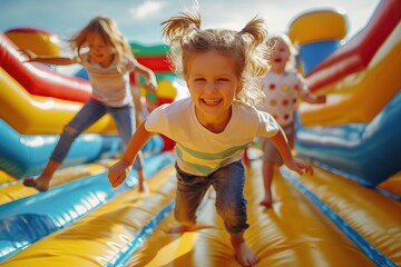 Joyful kids playing in a bounce house castle, filled with laughter and fun. 'generative AI'  - Powered by Adobe