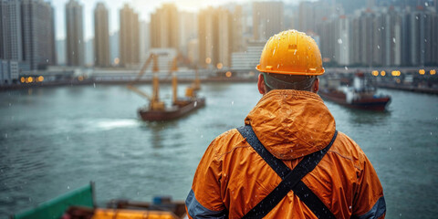 Worker Overlooking Harbor at Dusk in Reflective Gear Generative AI image