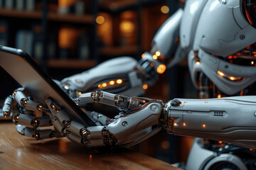 Futuristic robot hands typing on a laptop Generative AI image