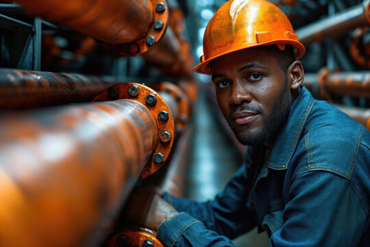Industrial worker inspecting machinery at a facility Generative AI image