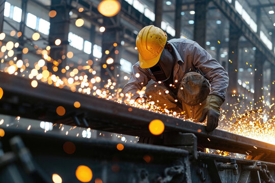 Industrial worker welding metal with sparks flying Generative AI image