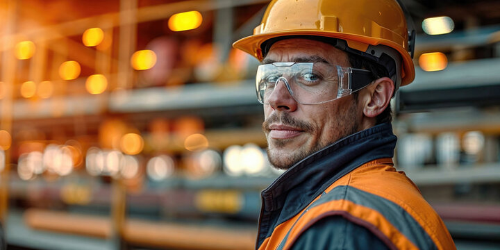 Confident worker with safety gear inside industrial plant Generative AI image