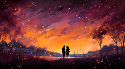 silhouette of love couple standing in summer field