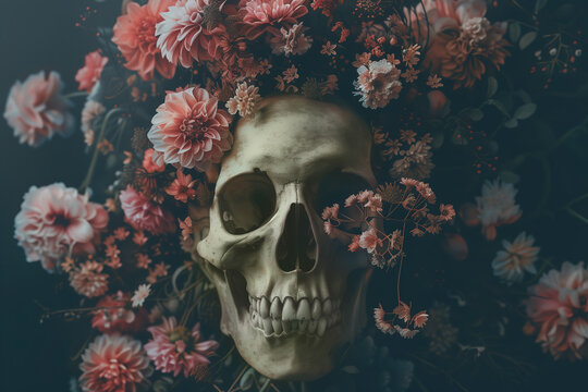 Generative AI image of Skull Amidst Blossoms and Darkness