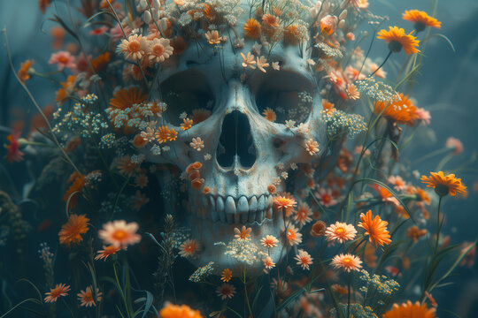 Generative AI image of skull surrounded by flowers
