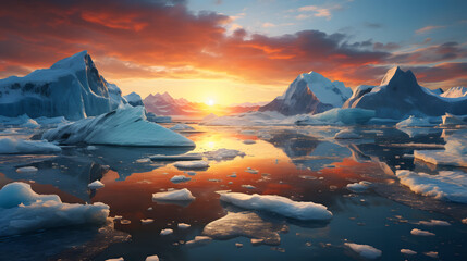 the sunset is over a group of icebergs and glaciers - obrazy, fototapety, plakaty
