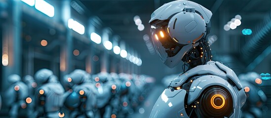 A robot stands confidently in front of a group of other robots, showcasing the advanced automation in this futuristic factory during the industrial revolution.