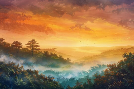 Sunset Over Forest Painting. Generative AI