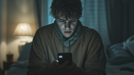 Doomscrolling. FOMO. Young man lying in bed at night, checking phone with a worried and anxious expression.