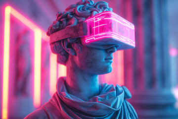 Statue with VR Headset in Neon Lights Generative AI image
