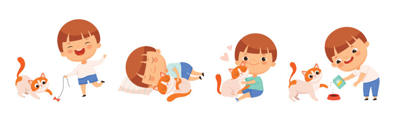 Cute Boy Playing and Taking Care of Cat Vector Set © Happypictures