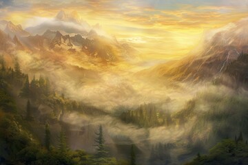 Majestic Mountain Scene With Clouds and Trees. Generative AI