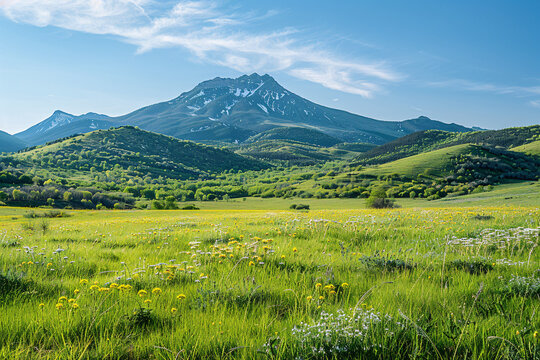 Lush green meadow with wildflowers and mountain backdrop