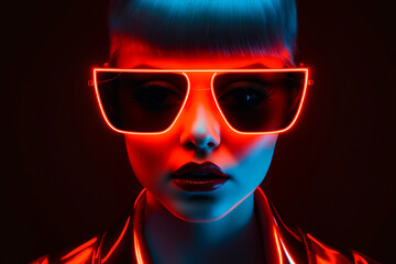 Woman wearing neon glasses and red light on her face.