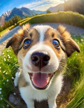 Curious and Happy Puppy: Close-Up with Fish Eye Lens