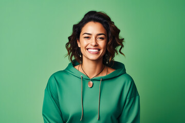 Woman wearing green sweatshirt and smiling at the camera.