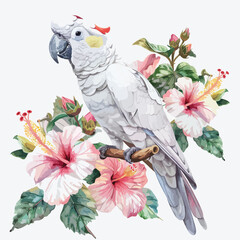 White parrot with hibiscus flowers watercolor