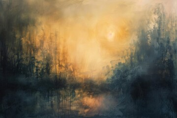 Sunrise Painting of Trees, Water, and Sun. Generative AI