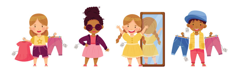 Little Kids in Fashion Clothes Fitting New Stylish Look Vector Set