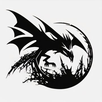 Black silhouette, tattoo of a dragon on white isolated background. Vector.