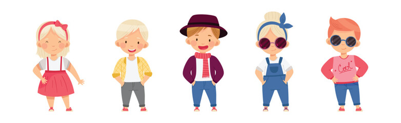 Little Kids in Fashion Clothes Fitting New Stylish Look Vector Set