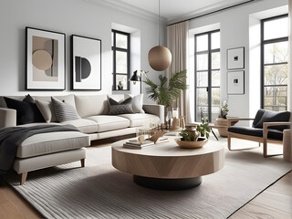 Scandinavian style living room interior with sofas and table