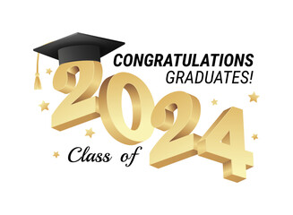 Class of 2024. Congratulations graduates gold graduation concept with 3d text and decorative elements. Graduation typography design template. Congrats graduates Flat style vector illustration