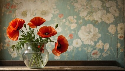 A vibrant burst of red poppies, carefully arranged in a delicate vase, brings life and color to the stillness of an indoor space
