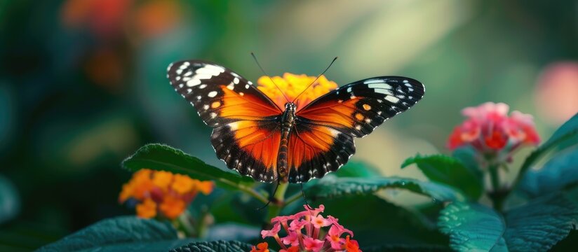 A mesmerizing close-up photo of a butterfly perched on a flower in an enchanting garden.