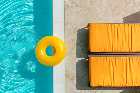 Top view swimming pool with yellow chaise lounge and swimming ring. Summer vacation concept