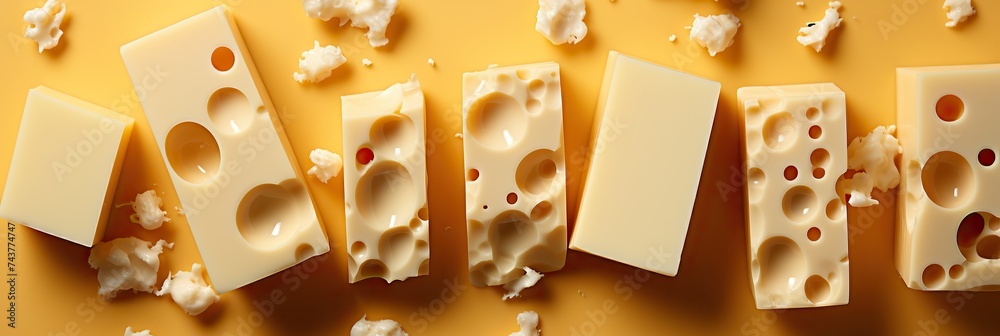 Poster Various delectable pieces of cheese elegantly displayed on a tabletop