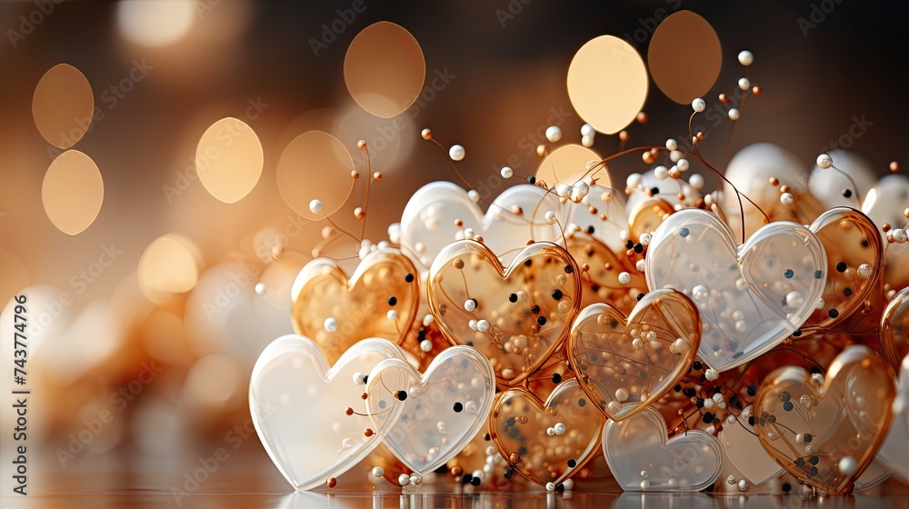 Poster a collection of heart-shaped balloons in various shades and sizes, elegantly arranged on a table