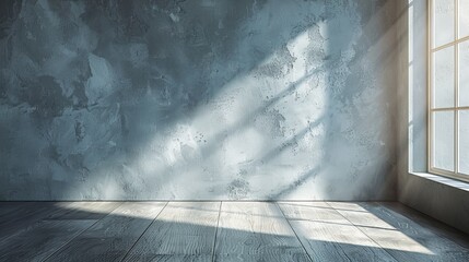 Morning light streams through a window, casting a diagonal shadow on a rough concrete wall in an empty room.