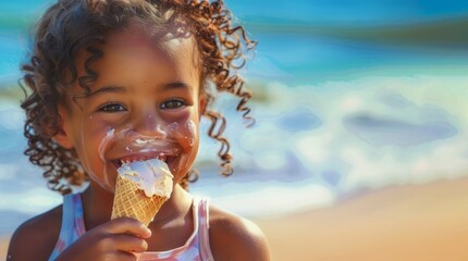Cropped of Adorable little african american girl eating ice cream at summer beach