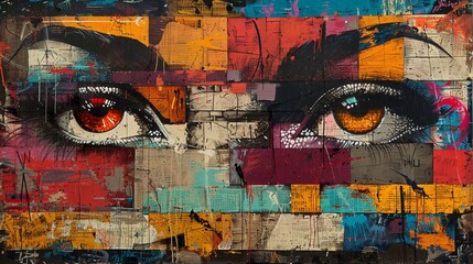 An urban graffiti piece featuring captivating eyes amidst a collage of colorful abstract shapes on...