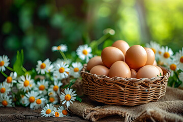 Basket full of eggs is sitting on piece of cloth. - obrazy, fototapety, plakaty