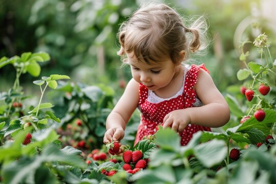 A young girl with pigtails happily picks ripe strawberries from a bush in a sunny field