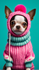 Small dog wearing pink and blue striped sweater with white nose.