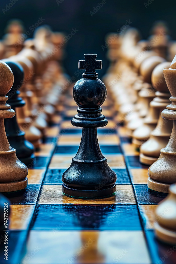 Wall mural Chess board with black pawn sitting in the middle of several other pieces.