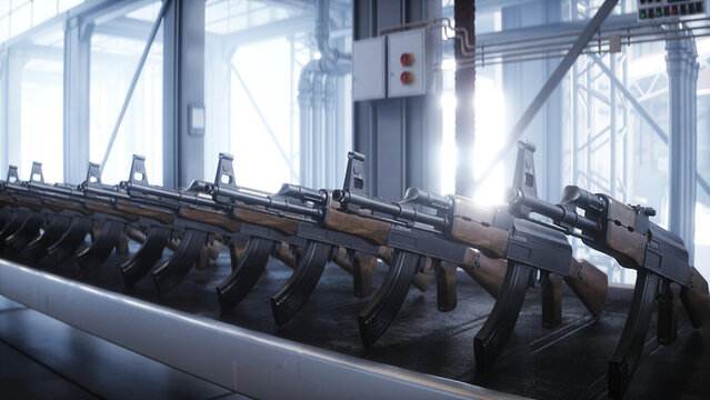 Russian machine gun AK 47 production factory. War concept. 3d rendering